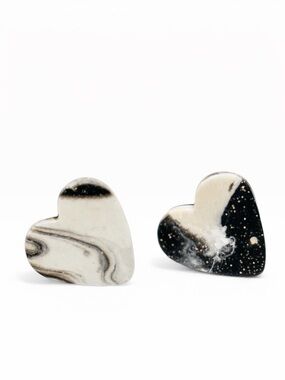 Handmade Black Glitter & White Heart Stud Earrings - Women Jewelry